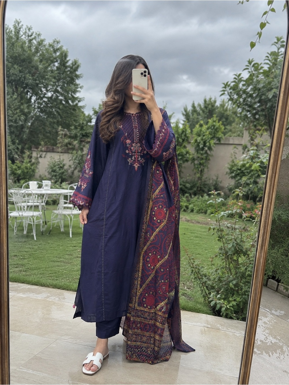 Elegant Navy Embroidered Women’s Long Kurta with Printed Shawl plan bottom